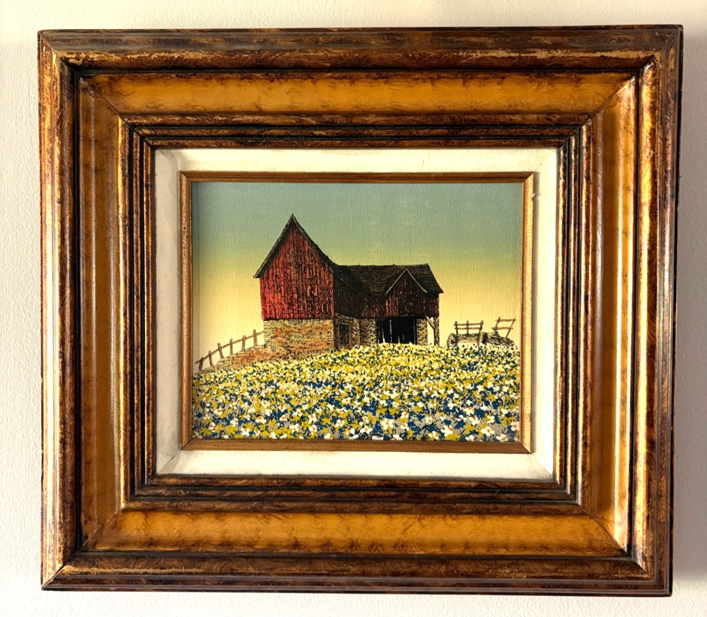 H. Hargrove "RED MAN TOBACCO BARN" Farm Americana Field Of Flowers Oil Painting